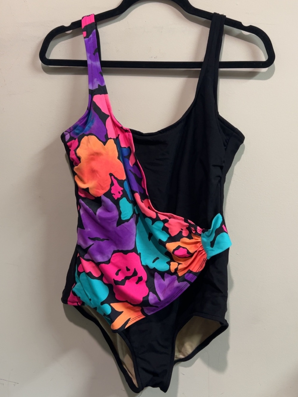 Vintage 80s Asymmetric Black One-Piece Swimsuit with Vibrant Floral Panel